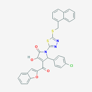 molecular formula C32H20ClN3O4S2 B384778 4-(1-benzofuran-2-ylcarbonyl)-5-(4-chlorophenyl)-3-hydroxy-1-{5-[(naphthalen-1-ylmethyl)sulfanyl]-1,3,4-thiadiazol-2-yl}-1,5-dihydro-2H-pyrrol-2-one 
