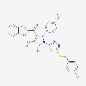 molecular formula C30H22ClN3O4S2 B384780 4-(1-benzofuran-2-ylcarbonyl)-1-{5-[(4-chlorobenzyl)sulfanyl]-1,3,4-thiadiazol-2-yl}-5-(4-ethylphenyl)-3-hydroxy-1,5-dihydro-2H-pyrrol-2-one 