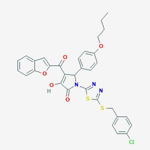 molecular formula C32H26ClN3O5S2 B384781 4-(1-benzofuran-2-ylcarbonyl)-5-(4-butoxyphenyl)-1-{5-[(4-chlorobenzyl)sulfanyl]-1,3,4-thiadiazol-2-yl}-3-hydroxy-1,5-dihydro-2H-pyrrol-2-one 