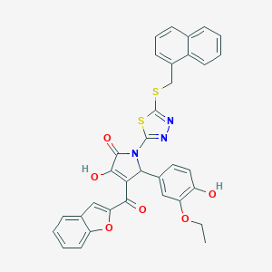 molecular formula C34H25N3O6S2 B384783 4-(1-benzofuran-2-ylcarbonyl)-5-(3-ethoxy-4-hydroxyphenyl)-3-hydroxy-1-{5-[(1-naphthylmethyl)sulfanyl]-1,3,4-thiadiazol-2-yl}-1,5-dihydro-2H-pyrrol-2-one 