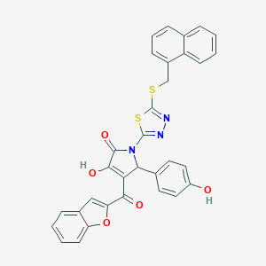 molecular formula C32H21N3O5S2 B384785 4-(1-benzofuran-2-ylcarbonyl)-3-hydroxy-5-(4-hydroxyphenyl)-1-{5-[(1-naphthylmethyl)sulfanyl]-1,3,4-thiadiazol-2-yl}-1,5-dihydro-2H-pyrrol-2-one 