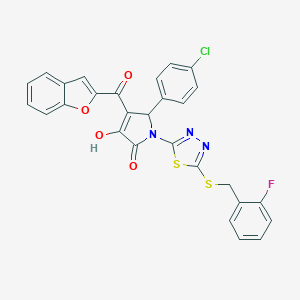 molecular formula C28H17ClFN3O4S2 B384789 4-(1-benzofuran-2-ylcarbonyl)-5-(4-chlorophenyl)-1-{5-[(2-fluorobenzyl)sulfanyl]-1,3,4-thiadiazol-2-yl}-3-hydroxy-1,5-dihydro-2H-pyrrol-2-one 