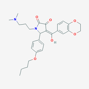 molecular formula C28H34N2O6 B384859 5-(4-butoxyphenyl)-4-(2,3-dihydro-1,4-benzodioxin-6-ylcarbonyl)-1-[3-(dimethylamino)propyl]-3-hydroxy-1,5-dihydro-2H-pyrrol-2-one 