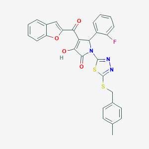 molecular formula C29H20FN3O4S2 B384874 4-(1-benzofuran-2-ylcarbonyl)-5-(2-fluorophenyl)-3-hydroxy-1-{5-[(4-methylbenzyl)sulfanyl]-1,3,4-thiadiazol-2-yl}-1,5-dihydro-2H-pyrrol-2-one 