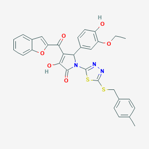 molecular formula C31H25N3O6S2 B384884 4-(1-benzofuran-2-ylcarbonyl)-5-(3-ethoxy-4-hydroxyphenyl)-3-hydroxy-1-{5-[(4-methylbenzyl)sulfanyl]-1,3,4-thiadiazol-2-yl}-1,5-dihydro-2H-pyrrol-2-one 