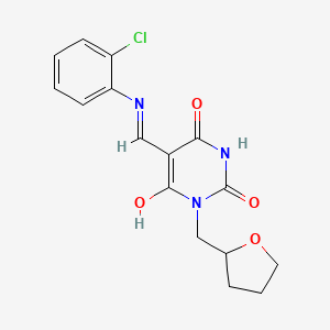 molecular formula C16H16ClN3O4 B3849017 5-{[(2-chlorophenyl)amino]methylene}-1-(tetrahydro-2-furanylmethyl)-2,4,6(1H,3H,5H)-pyrimidinetrione 
