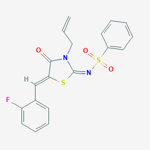 molecular formula C19H15FN2O3S2 B384939 N-[3-allyl-5-(2-fluorobenzylidene)-4-oxo-1,3-thiazolidin-2-ylidene]benzenesulfonamide 