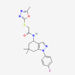 molecular formula C20H22FN5O2S B3850646 N-[1-(4-fluorophenyl)-6,6-dimethyl-4,5,6,7-tetrahydro-1H-indazol-4-yl]-2-[(5-methyl-1,3,4-oxadiazol-2-yl)thio]acetamide 