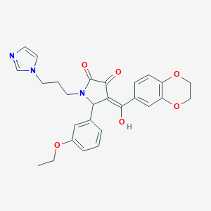 molecular formula C27H27N3O6 B385095 (4E)-4-[2,3-dihydro-1,4-benzodioxin-6-yl(hydroxy)methylidene]-5-(3-ethoxyphenyl)-1-(3-imidazol-1-ylpropyl)pyrrolidine-2,3-dione CAS No. 586986-06-3