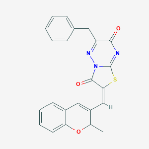 molecular formula C23H17N3O3S B385256 6-benzyl-2-[(2-methyl-2H-chromen-3-yl)methylene]-7H-[1,3]thiazolo[3,2-b][1,2,4]triazine-3,7(2H)-dione 