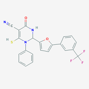 molecular formula C22H14F3N3O2S B385491 4-Oxo-1-phenyl-6-sulfanyl-2-{5-[3-(trifluoromethyl)phenyl]furan-2-yl}-1,2,3,4-tetrahydropyrimidine-5-carbonitrile 
