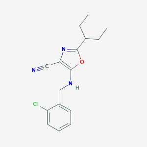 molecular formula C16H18ClN3O B385556 5-[(2-Chlorobenzyl)amino]-2-(1-ethylpropyl)-1,3-oxazole-4-carbonitrile CAS No. 628274-01-1