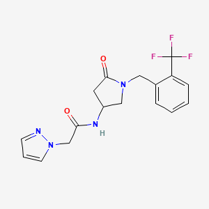 molecular formula C17H17F3N4O2 B3856144 N-{5-oxo-1-[2-(trifluoromethyl)benzyl]-3-pyrrolidinyl}-2-(1H-pyrazol-1-yl)acetamide 