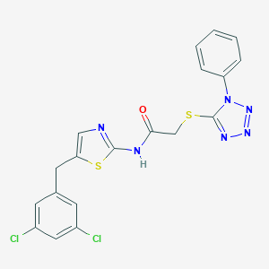 molecular formula C19H14Cl2N6OS2 B385621 N-[5-[(3,5-dichlorophenyl)methyl]-1,3-thiazol-2-yl]-2-(1-phenyltetrazol-5-yl)sulfanylacetamide CAS No. 720671-39-6