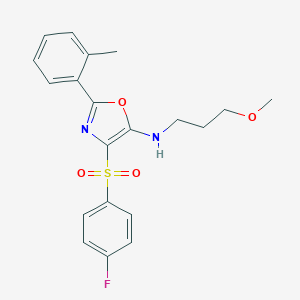 molecular formula C20H21FN2O4S B385667 4-[(4-fluorophenyl)sulfonyl]-N-(3-methoxypropyl)-2-(2-methylphenyl)-1,3-oxazol-5-amine 