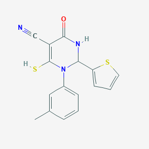 molecular formula C16H13N3OS2 B385670 1-(3-Methylphenyl)-4-oxo-6-sulfanyl-2-(2-thienyl)-1,2,3,4-tetrahydro-5-pyrimidinecarbonitrile 