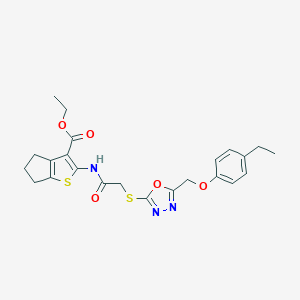 molecular formula C23H25N3O5S2 B385681 ethyl 2-{[({5-[(4-ethylphenoxy)methyl]-1,3,4-oxadiazol-2-yl}sulfanyl)acetyl]amino}-5,6-dihydro-4H-cyclopenta[b]thiophene-3-carboxylate 
