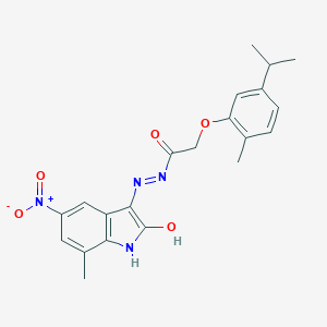 molecular formula C21H22N4O5 B385731 N'-{5-nitro-7-methyl-2-oxo-1,2-dihydro-3H-indol-3-ylidene}-2-(5-isopropyl-2-methylphenoxy)acetohydrazide 