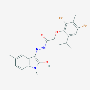 molecular formula C22H23Br2N3O3 B385736 2-(2,4-dibromo-6-isopropyl-3-methylphenoxy)-N'-(1,5-dimethyl-2-oxo-1,2-dihydro-3H-indol-3-ylidene)acetohydrazide 