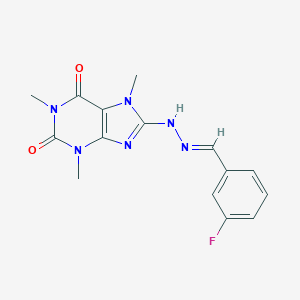 molecular formula C15H15FN6O2 B385755 8-[(2E)-2-(3-fluorobenzylidene)hydrazinyl]-1,3,7-trimethyl-3,7-dihydro-1H-purine-2,6-dione 