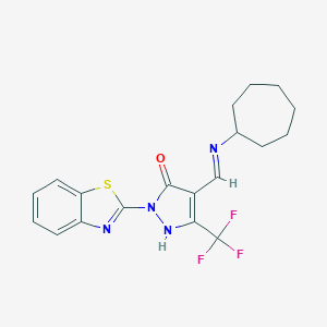 molecular formula C19H19F3N4OS B385756 1-(1,3-benzothiazol-2-yl)-4-[(E)-(cycloheptylimino)methyl]-3-(trifluoromethyl)-1H-pyrazol-5-ol CAS No. 362494-96-0