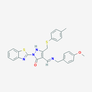 (4E)-2-(1,3-benzothiazol-2-yl)-4-{[(4-methoxybenzyl)amino]methylidene}-5-{[(4-methylphenyl)sulfanyl]methyl}-2,4-dihydro-3H-pyrazol-3-one