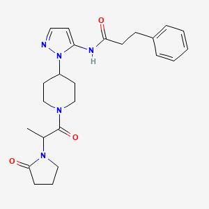 molecular formula C24H31N5O3 B3858924 N-(1-{1-[2-(2-oxo-1-pyrrolidinyl)propanoyl]-4-piperidinyl}-1H-pyrazol-5-yl)-3-phenylpropanamide 