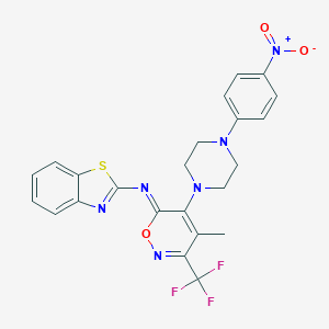 molecular formula C23H19F3N6O3S B385900 2-{[5-(4-{4-nitrophenyl}-1-piperazinyl)-4-methyl-3-(trifluoromethyl)-6H-1,2-oxazin-6-ylidene]amino}-1,3-benzothiazole 