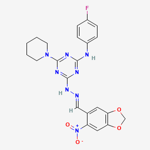 molecular formula C22H21FN8O4 B3859676 6-nitro-1,3-benzodioxole-5-carbaldehyde [4-[(4-fluorophenyl)amino]-6-(1-piperidinyl)-1,3,5-triazin-2-yl]hydrazone 