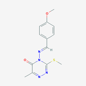 molecular formula C13H14N4O2S B385982 4-[(4-methoxybenzylidene)amino]-6-methyl-3-(methylsulfanyl)-1,2,4-triazin-5(4H)-one 