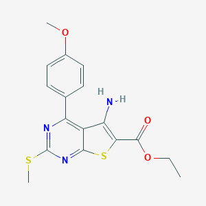 molecular formula C17H17N3O3S2 B385988 Ethyl 5-amino-4-[4-(methyloxy)phenyl]-2-(methylsulfanyl)thieno[2,3-d]pyrimidine-6-carboxylate 