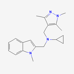 molecular formula C20H26N4 B3860227 N-[(1-methyl-1H-indol-2-yl)methyl]-N-[(1,3,5-trimethyl-1H-pyrazol-4-yl)methyl]cyclopropanamine 