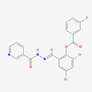 2,4-dibromo-6-[2-(3-pyridinylcarbonyl)carbonohydrazonoyl]phenyl 3-fluorobenzoate