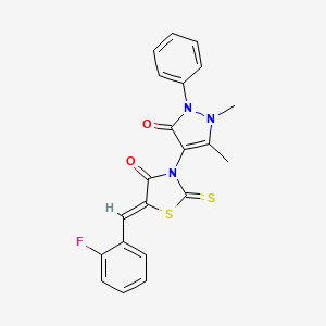 molecular formula C21H16FN3O2S2 B3862916 3-(1,5-dimethyl-3-oxo-2-phenyl-2,3-dihydro-1H-pyrazol-4-yl)-5-(2-fluorobenzylidene)-2-thioxo-1,3-thiazolidin-4-one 