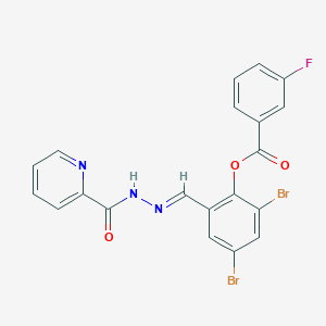 2,4-dibromo-6-[2-(2-pyridinylcarbonyl)carbonohydrazonoyl]phenyl 3-fluorobenzoate