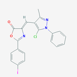 molecular formula C20H13ClIN3O2 B386477 4-[(5-chloro-3-methyl-1-phenyl-1H-pyrazol-4-yl)methylene]-2-(4-iodophenyl)-1,3-oxazol-5(4H)-one 