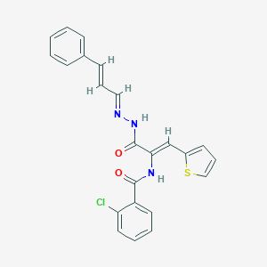 molecular formula C23H18ClN3O2S B386582 2-chloro-N-[1-{[2-(3-phenyl-2-propenylidene)hydrazino]carbonyl}-2-(2-thienyl)vinyl]benzamide 