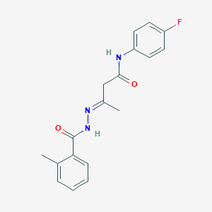 molecular formula C18H18FN3O2 B386596 N-(4-fluorophenyl)-3-[(2-methylbenzoyl)hydrazono]butanamide 