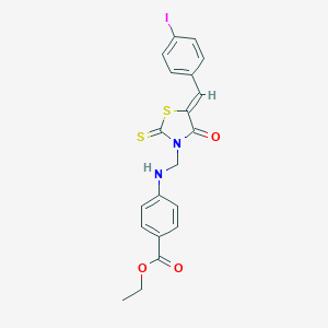 molecular formula C20H17IN2O3S2 B386621 Ethyl 4-({[5-(4-iodobenzylidene)-4-oxo-2-thioxo-1,3-thiazolidin-3-yl]methyl}amino)benzoate 
