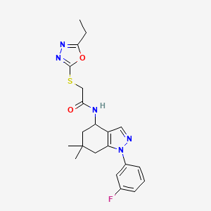 molecular formula C21H24FN5O2S B3866335 2-[(5-ethyl-1,3,4-oxadiazol-2-yl)thio]-N-[1-(3-fluorophenyl)-6,6-dimethyl-4,5,6,7-tetrahydro-1H-indazol-4-yl]acetamide 