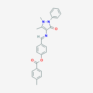 molecular formula C26H23N3O3 B386656 4-{[(1,5-dimethyl-3-oxo-2-phenyl-2,3-dihydro-1H-pyrazol-4-yl)imino]methyl}phenyl 4-methylbenzoate 