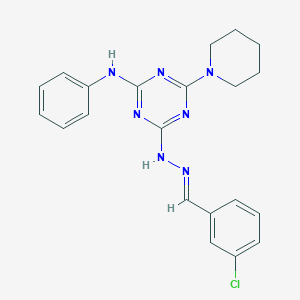 molecular formula C21H22ClN7 B386797 2-N-[(E)-(3-chlorophenyl)methylideneamino]-4-N-phenyl-6-piperidin-1-yl-1,3,5-triazine-2,4-diamine 