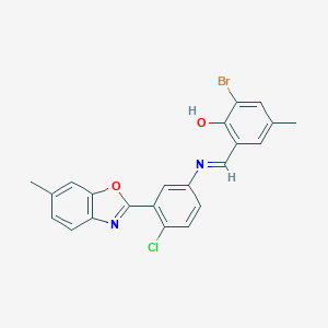 molecular formula C22H16BrClN2O2 B386806 2-Bromo-6-({[4-chloro-3-(6-methyl-1,3-benzoxazol-2-yl)phenyl]imino}methyl)-4-methylphenol 