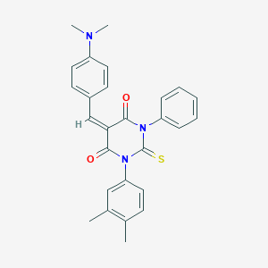 molecular formula C27H25N3O2S B386828 5-[4-(dimethylamino)benzylidene]-1-(3,4-dimethylphenyl)-3-phenyl-2-thioxodihydro-4,6(1H,5H)-pyrimidinedione 