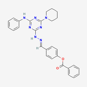 molecular formula C28H27N7O2 B3868326 4-{2-[4-anilino-6-(1-piperidinyl)-1,3,5-triazin-2-yl]carbonohydrazonoyl}phenyl benzoate 