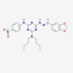 1,3-Benzodioxole-5-carbaldehyde (4-(dibutylamino)-6-{4-nitroanilino}-1,3,5-triazin-2-yl)hydrazone