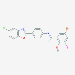 molecular formula C20H11BrClIN2O2 B386869 4-Bromo-2-({[4-(5-chloro-1,3-benzoxazol-2-yl)phenyl]imino}methyl)-6-iodophenol 
