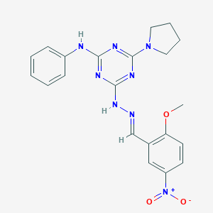 molecular formula C21H22N8O3 B386875 2-N-[(E)-(2-methoxy-5-nitrophenyl)methylideneamino]-4-N-phenyl-6-pyrrolidin-1-yl-1,3,5-triazine-2,4-diamine 
