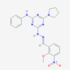 molecular formula C21H22N8O3 B386878 3-Nitro-2-methoxybenzaldehyde [4-anilino-6-(1-pyrrolidinyl)-1,3,5-triazin-2-yl]hydrazone 