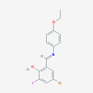 molecular formula C15H13BrINO2 B387017 4-Bromo-2-{[(4-ethoxyphenyl)imino]methyl}-6-iodophenol 